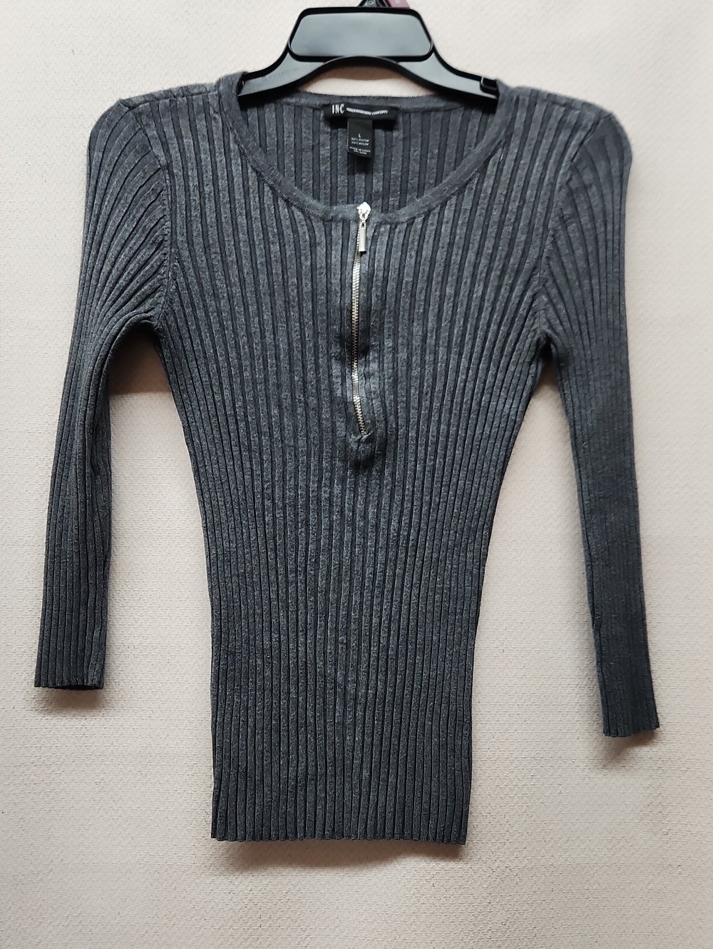 INC International Concepts Charcoal Ribbed Zip-Front Sweater